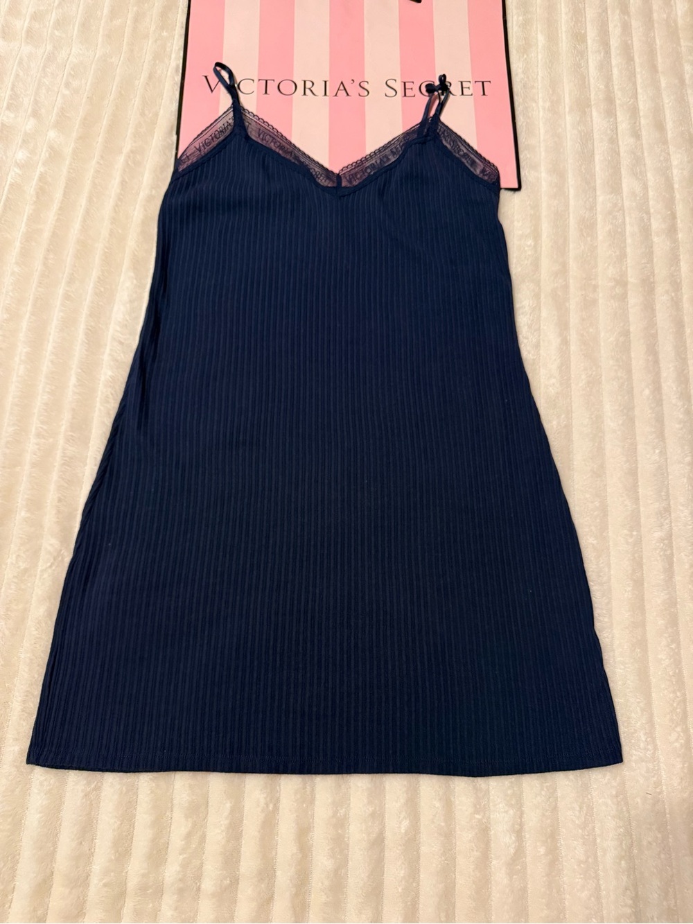 Victoria's Secret Navy pointelle Ribbed Lace-Trim Chemise